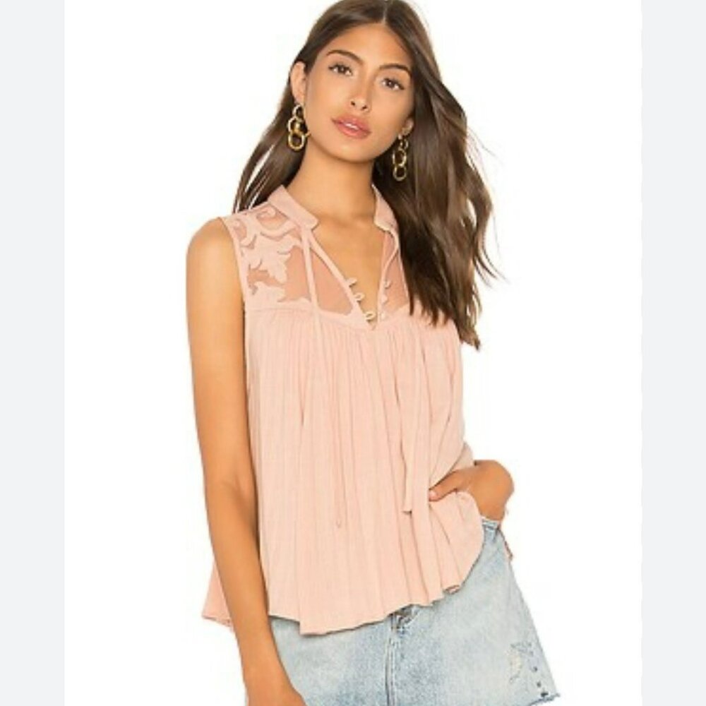 Free People Western Romance Mesh Applique Shirt Women Small Pink Flowy Lace